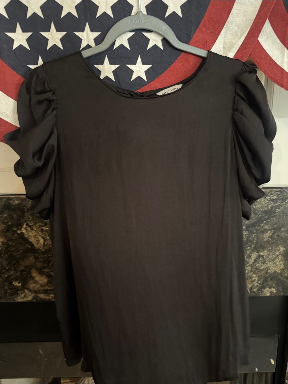 Naked Zebra Black Puff Sleeve Crew Neck Blouse